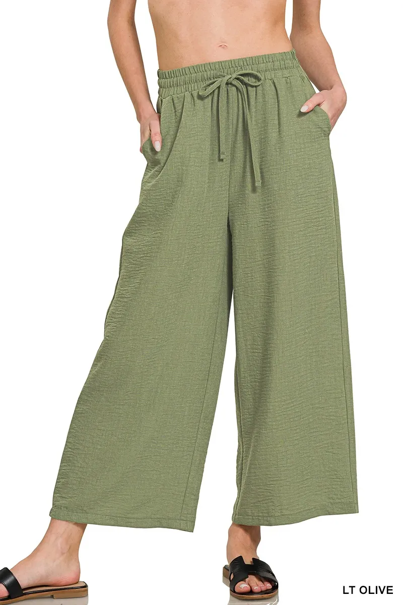 Woven Crepe Elastic Band Waist Cropped Pants