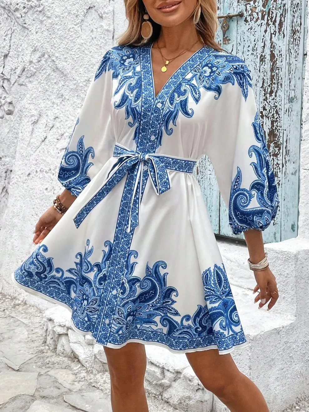 Paisley V-Neck 3/4 Sleeve Mini Dress, image 9