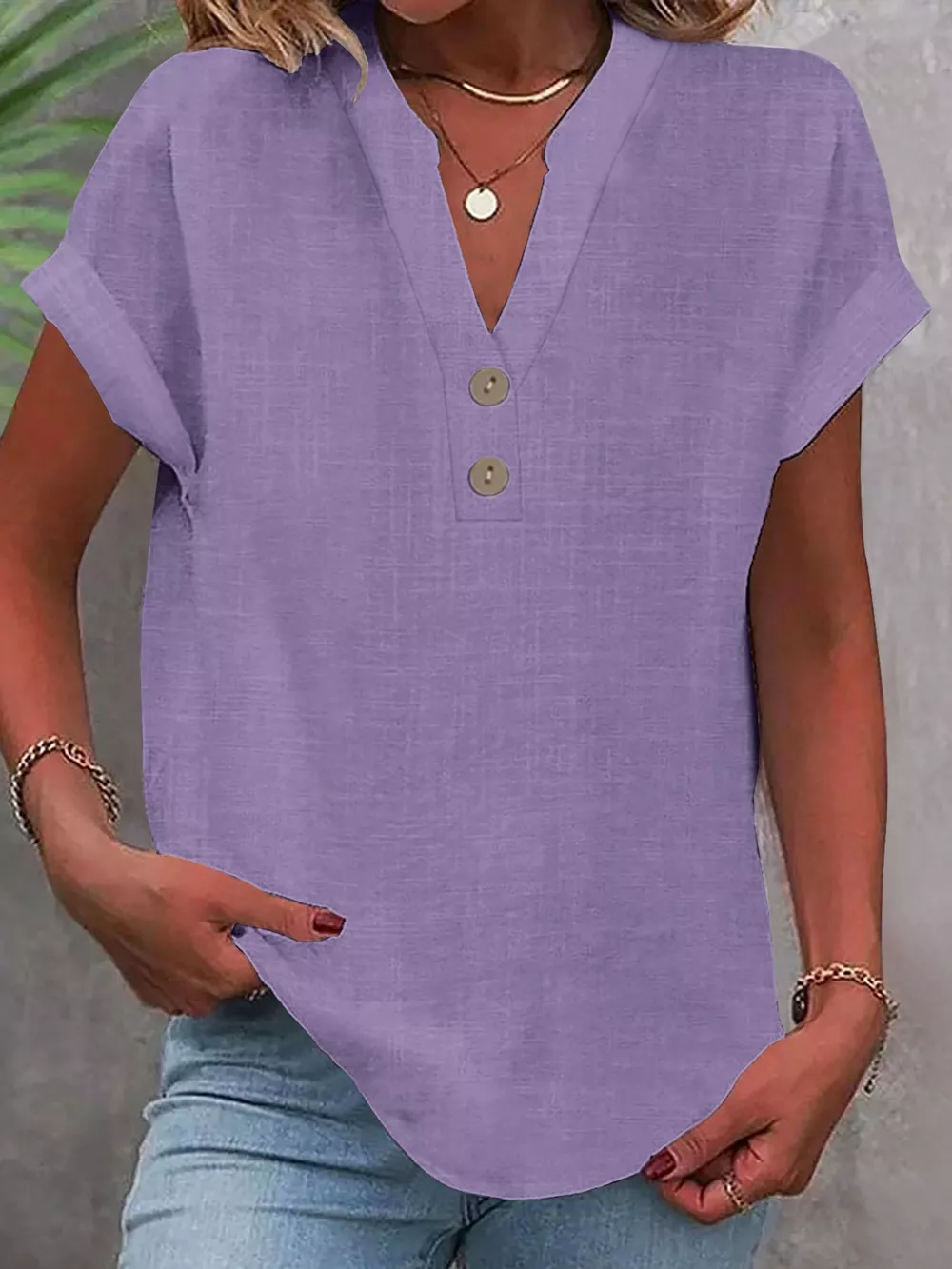 Full Size Button Detail Short Sleeve Blouse Plus Size, image 6