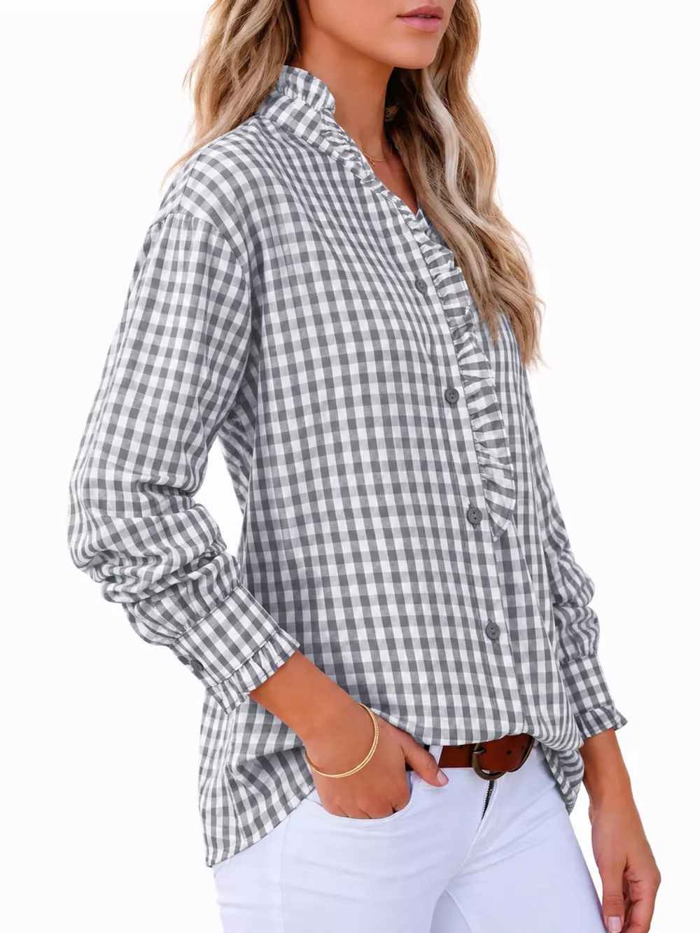 Gingham Ruffle Trim Stand Collar Shirt, image 6
