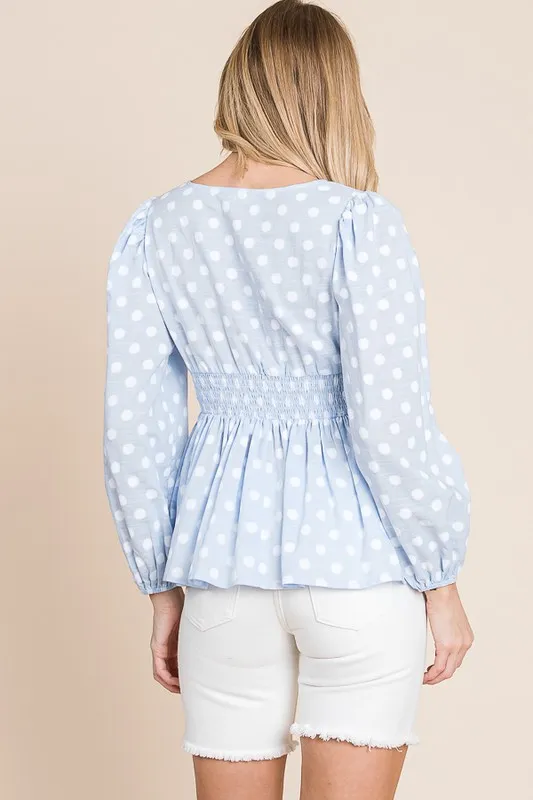 Polka Dot Print Balloon Sleeve Babydoll Peplum Top, image 9