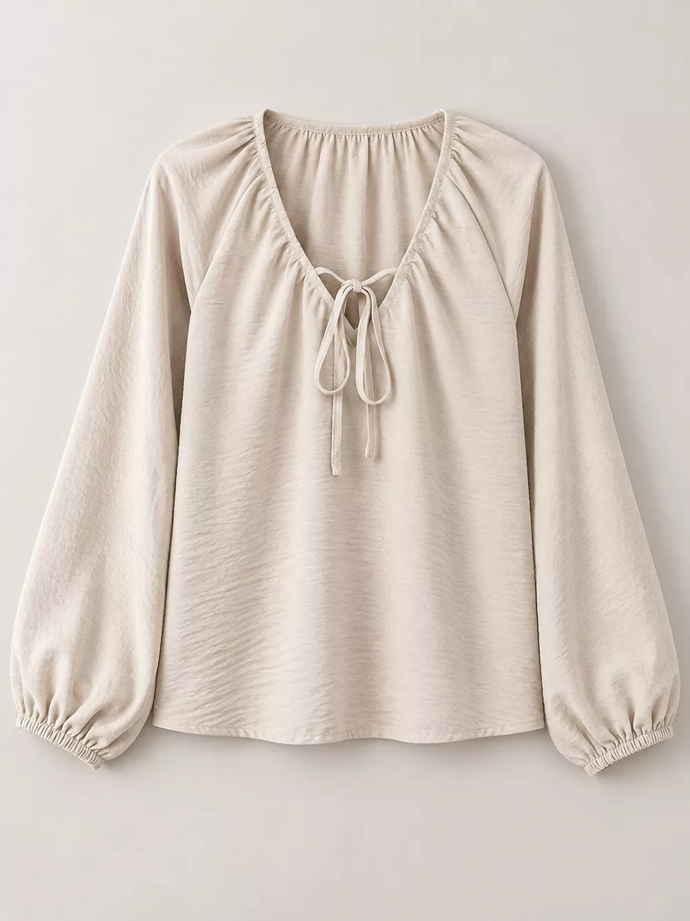 V-Neck Tie-Front Long Sleeve Blouse with Textured Fabric, image 8