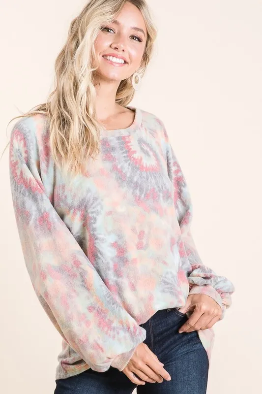 Brushed Tie Dye Print Top with Puff Sleeves, image 7