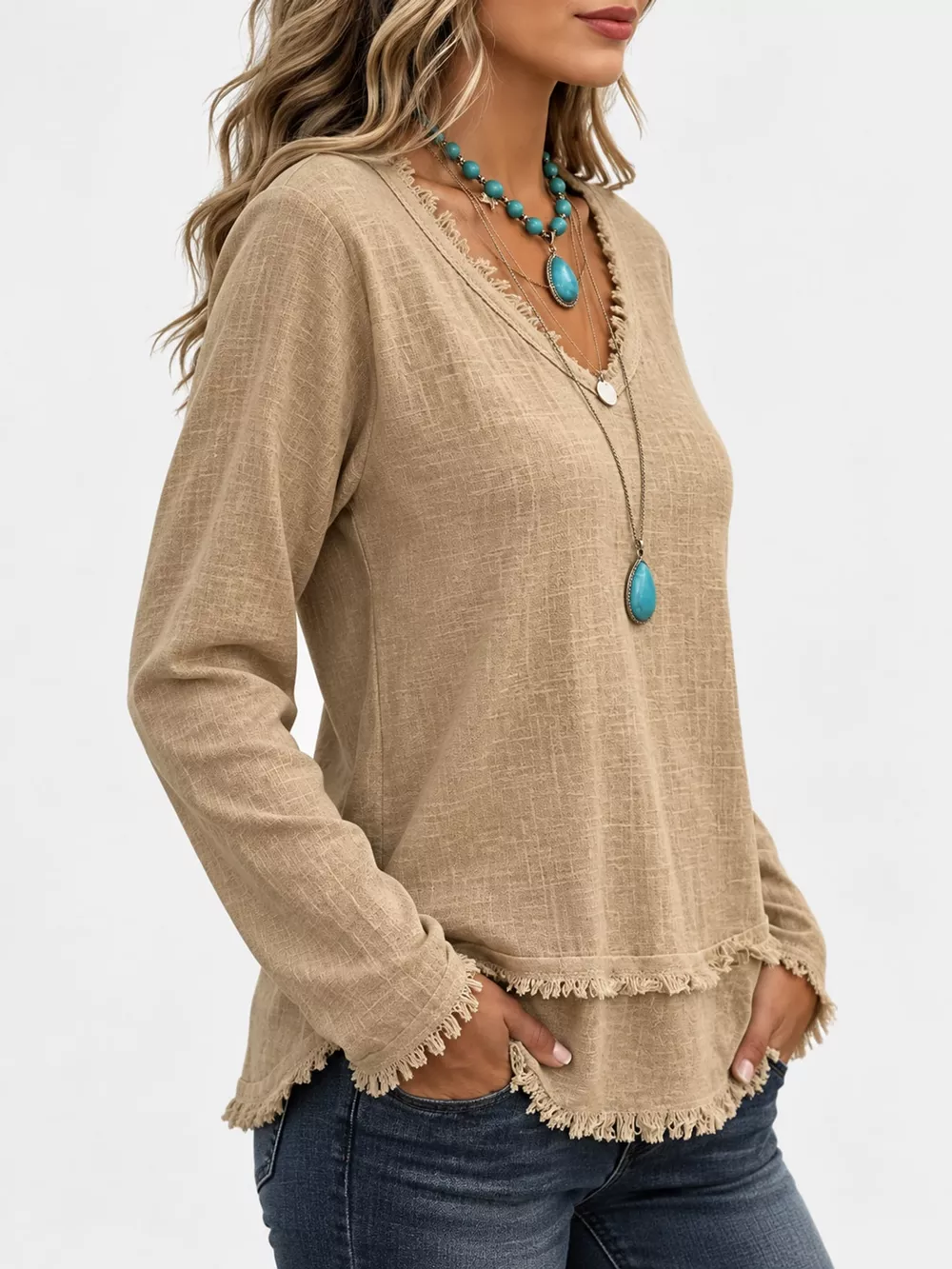 Full Size Frayed Hem V-Neck Long Sleeve Blouse Plus Size, image 63