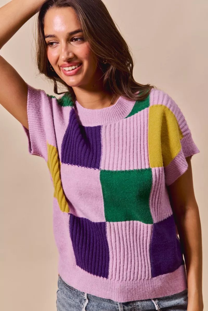 Mardi Gras Check Plaid Casual Sweater Top, image 4