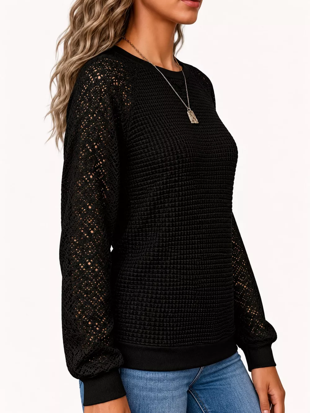 Waffle Knit Lace Sleeve T-Shirt, image 5
