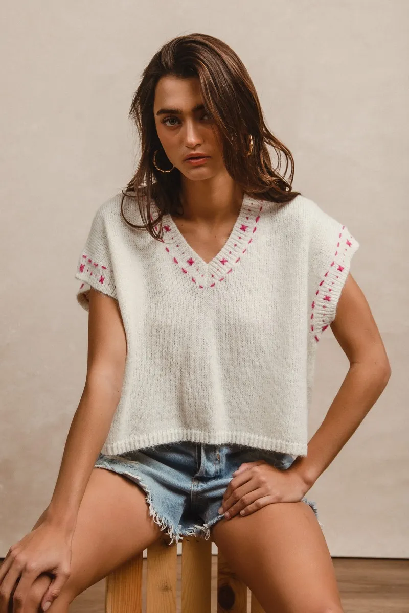 Knit Solid Contrast Stitch Detail Short Sleeves Sweater, image 6
