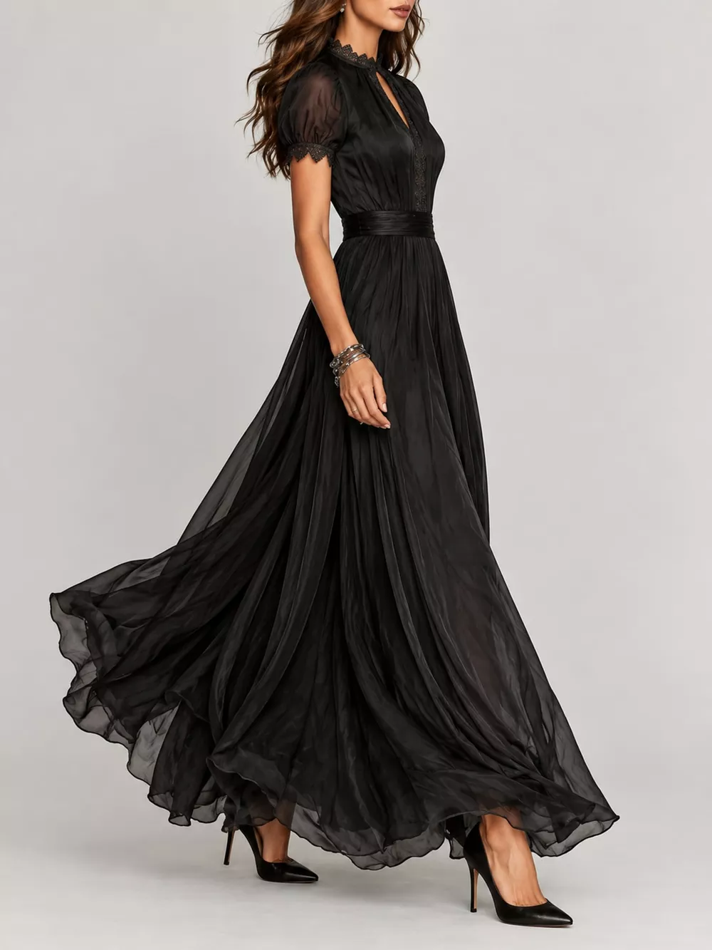 Full Size Elegant Sheer Chiffon Mock-Neck Maxi Dress with Keyhole Detail Plus Size, image 19