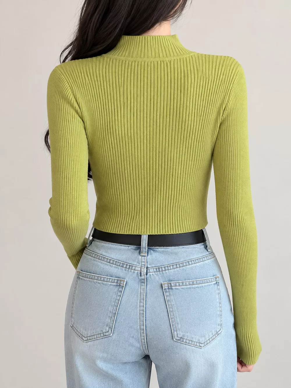 Elegant Slim-Fit Ribbed Mock Neck Knit Top, image 46
