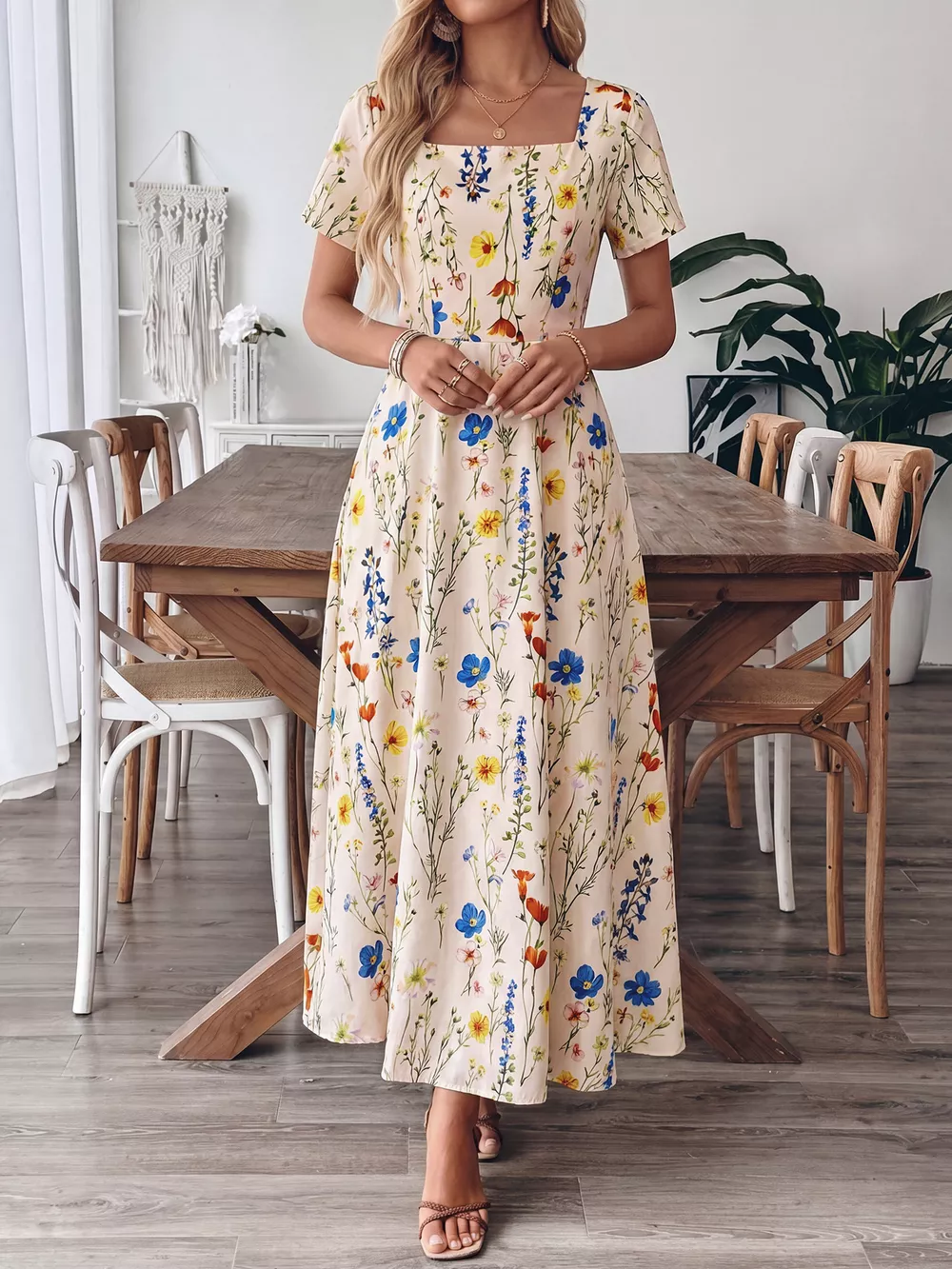 Floral Print Square Neck Casual Maxi Dress, image 4