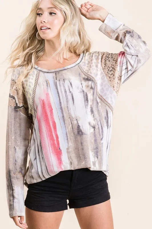 Tie Dye Knit Top with Print Block Shoulder, image 3