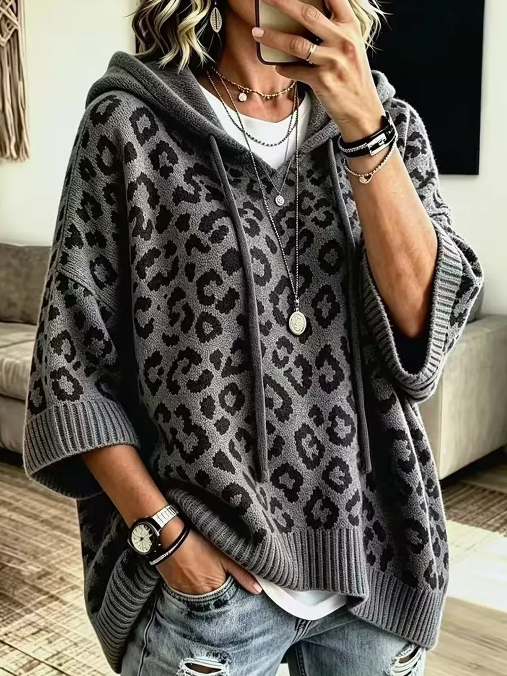 Full Size Leopard Print Hooded Knit Sweater Plus Size, image 20