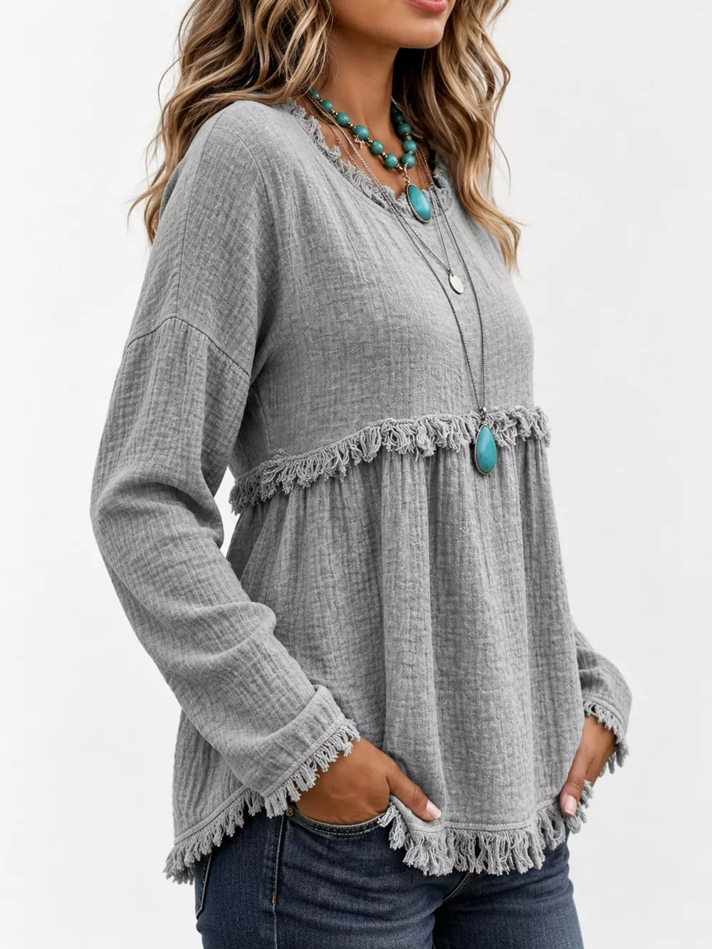 Full Size Frayed Hem Textured Blouse Plus Size, image 2