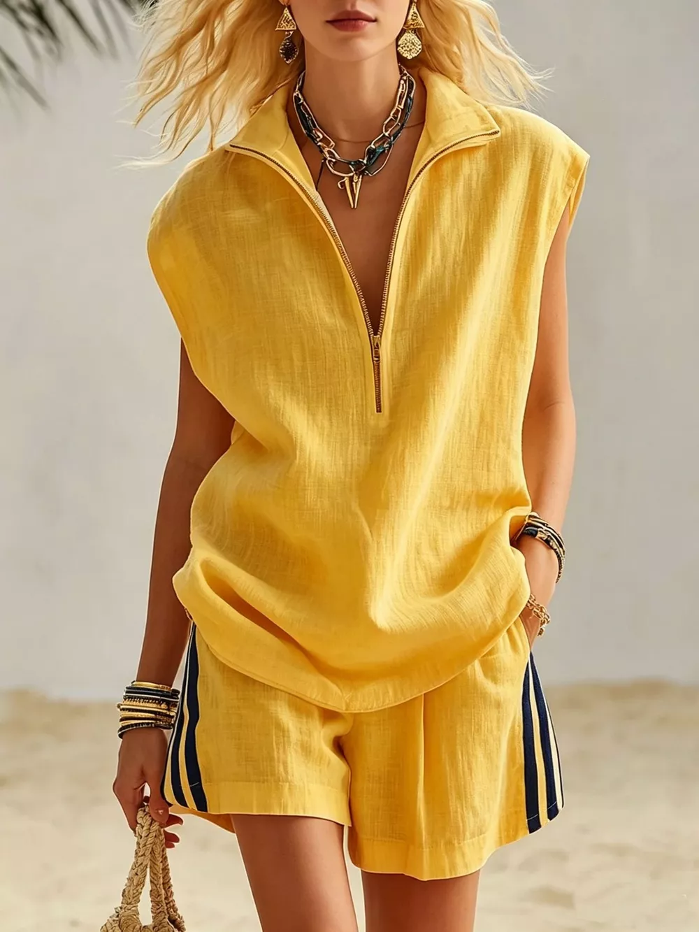 Full Size Zip Front Sleeveless Top and Striped Shorts Set Plus Size, image 13