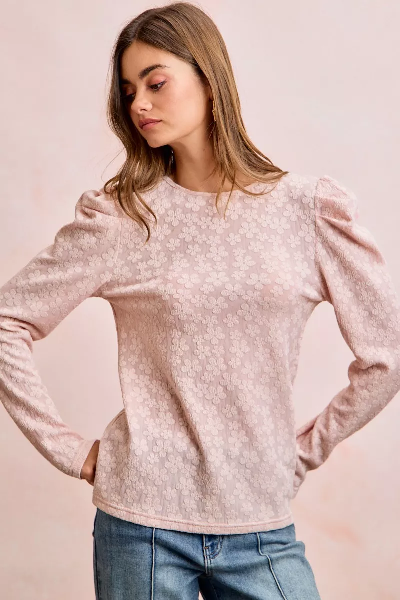 Textured Flower Knit Puff Shoulder Top, image 13