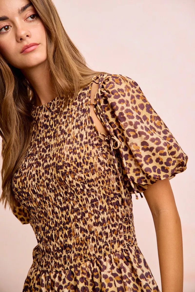 Leopard Bow Tie Attachable Puff Sleeves Dress, image 18
