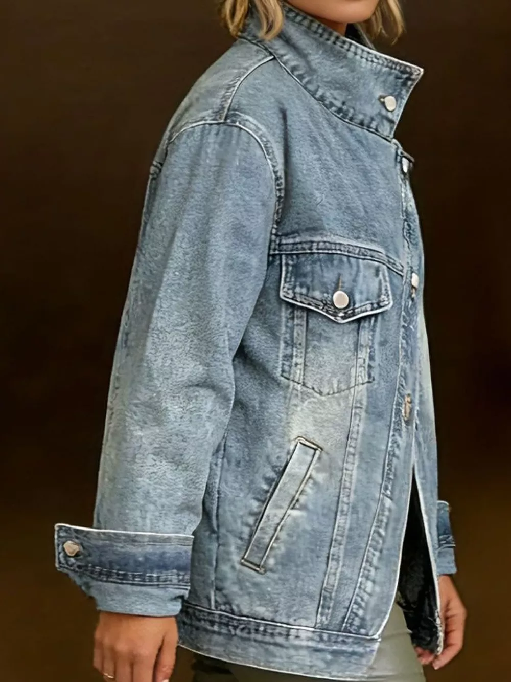 Full Size Asymmetric Button-Up Stand Collar Denim Jacket Plus Size, image 4