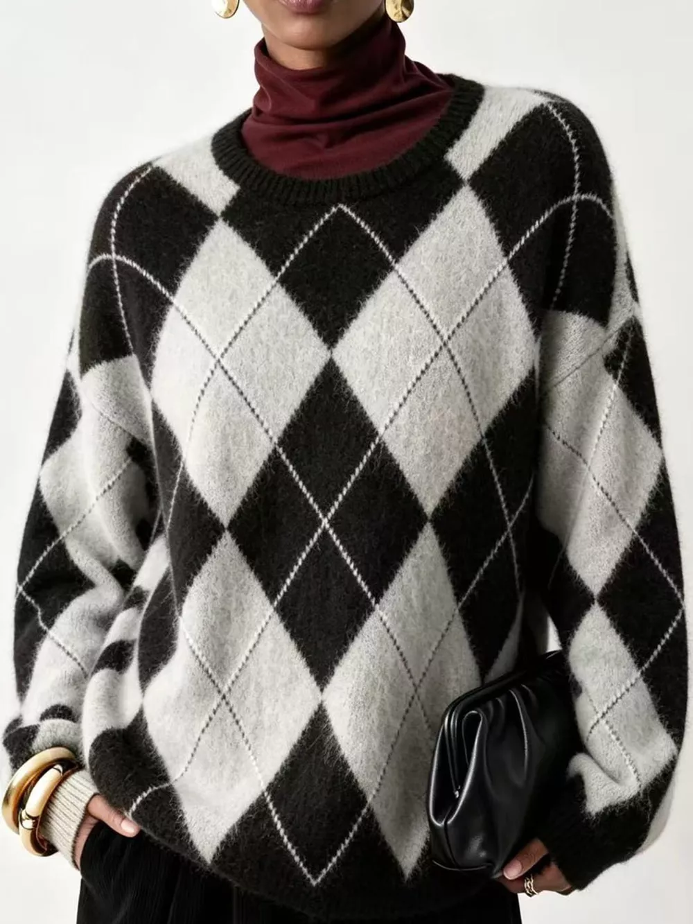 Argyle Pattern Fuzzy Knit Sweater, image 16
