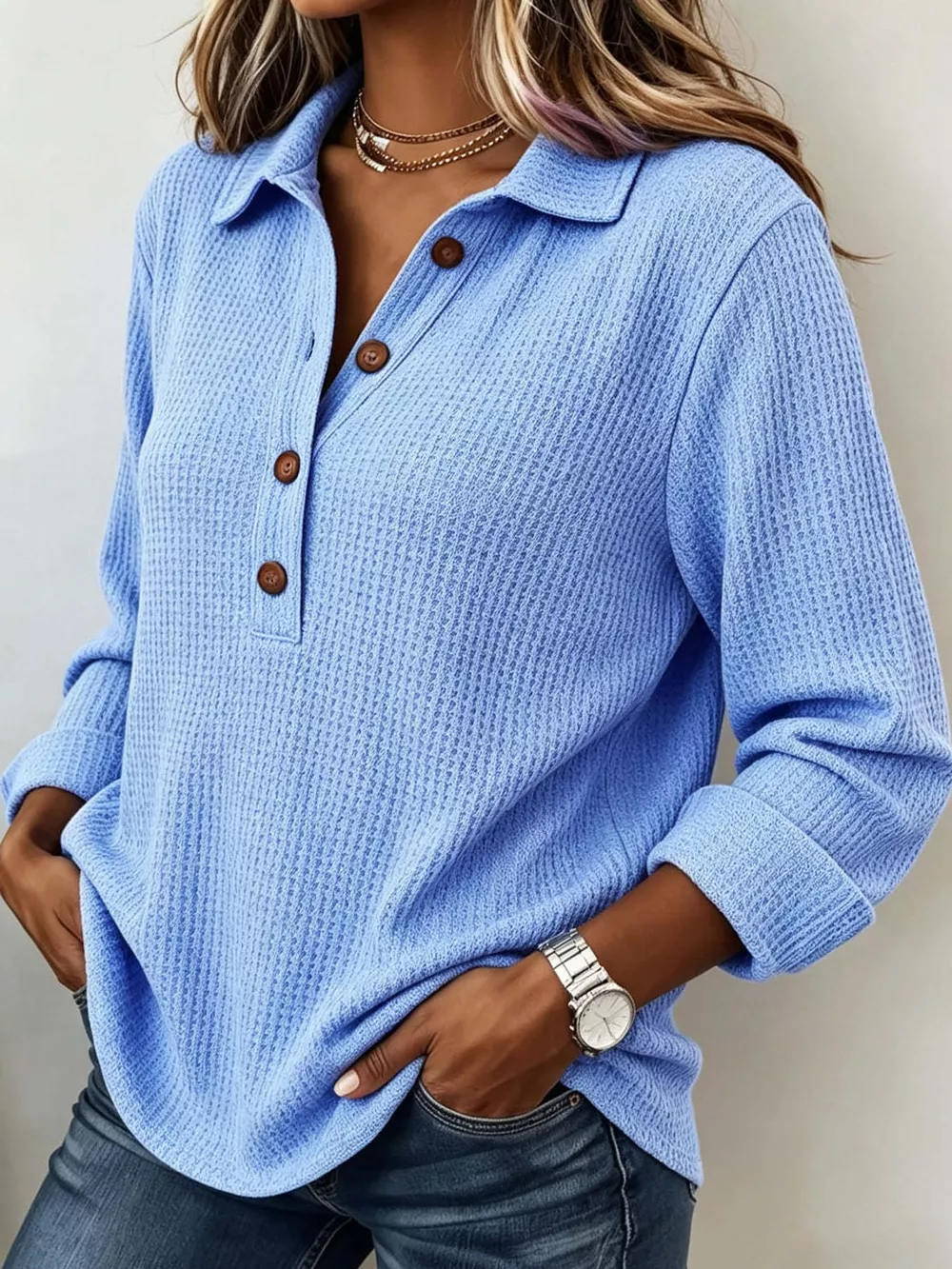 Full Size Waffle Knit Long Sleeve Polo Top Plus Size, image 3