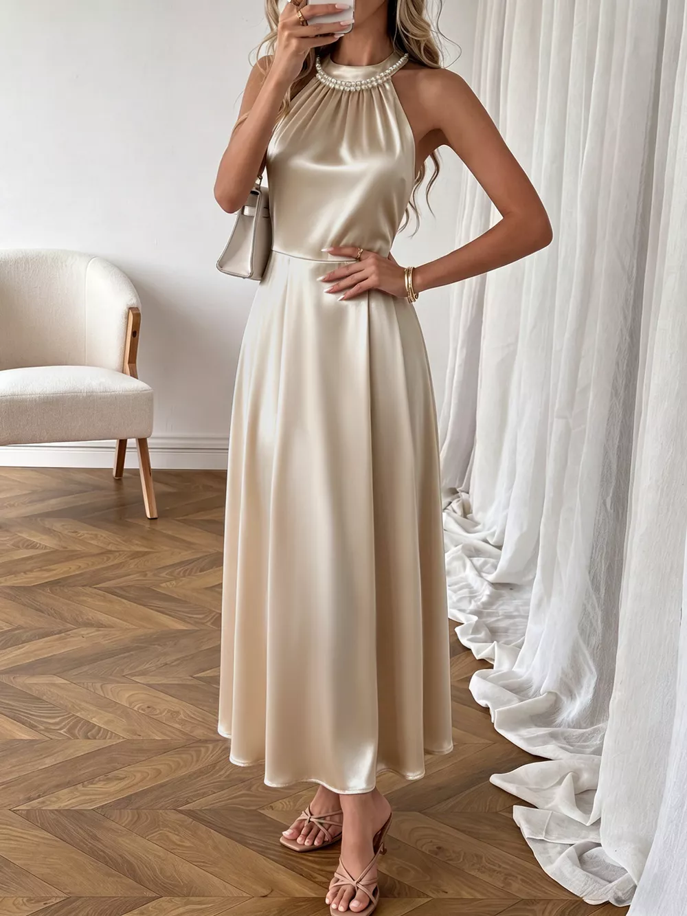 Pearl Halter Satin Midi Dress, image 4