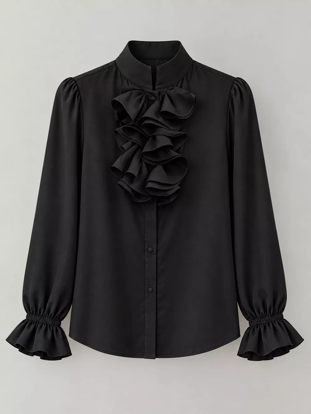 Ruffled Stand-Collar Blouse with Long Lantern Sleeves, image 14