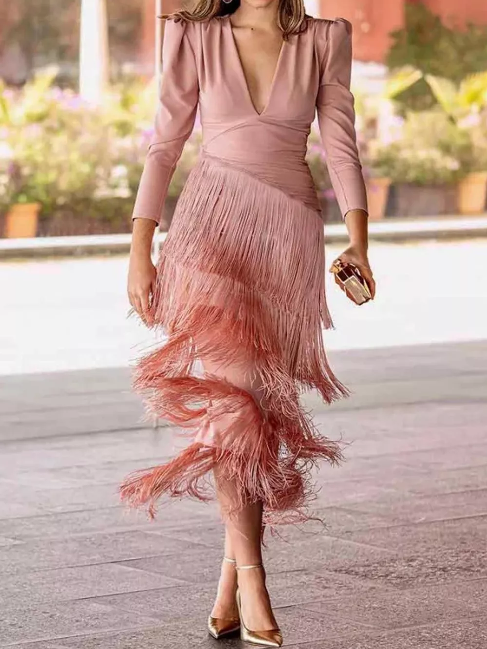 Fringed V-Neck Puff Sleeve Maxi Dress, image 11