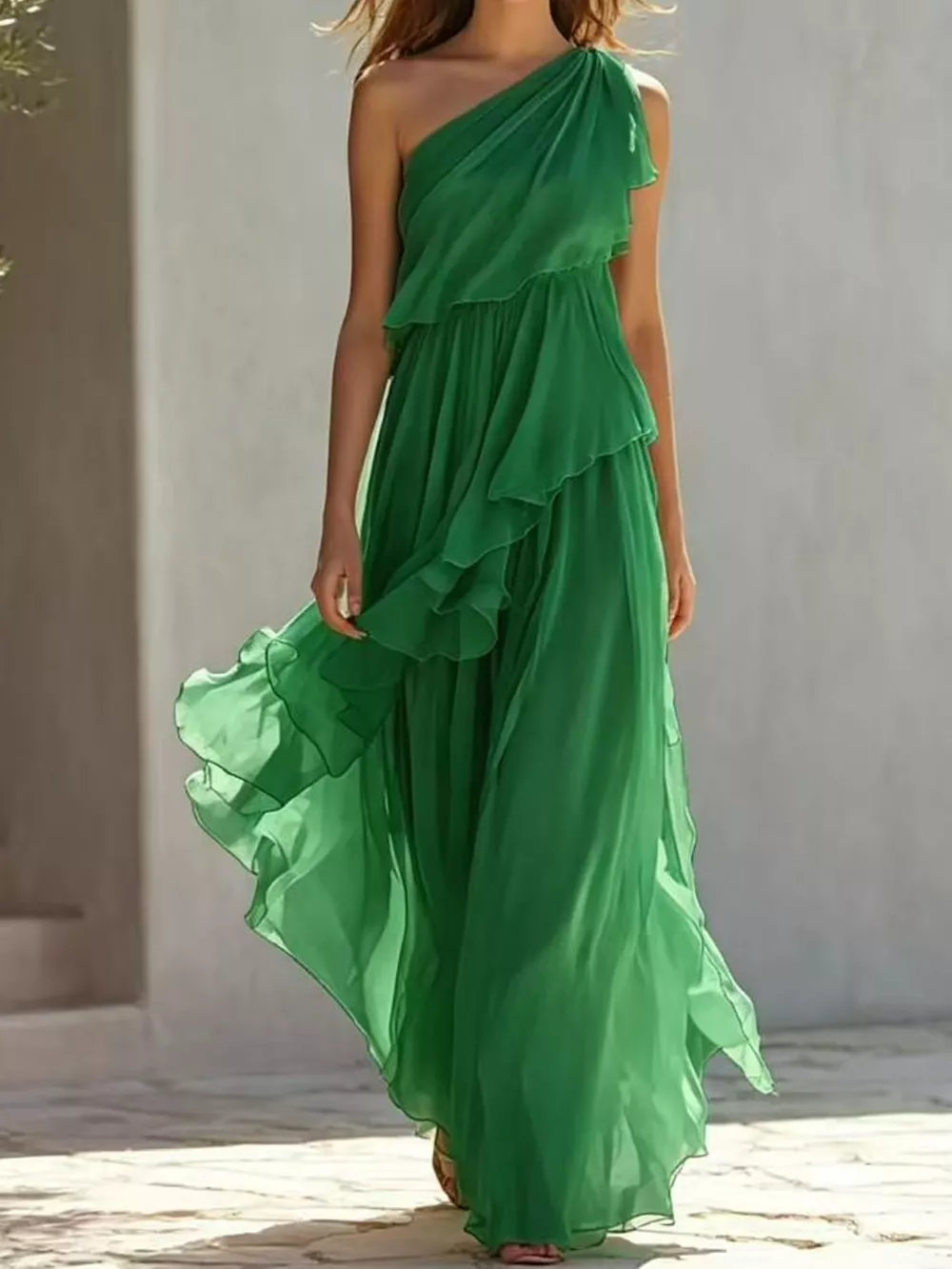 One-Shoulder Ruffled Chiffon Maxi Dress, image 11