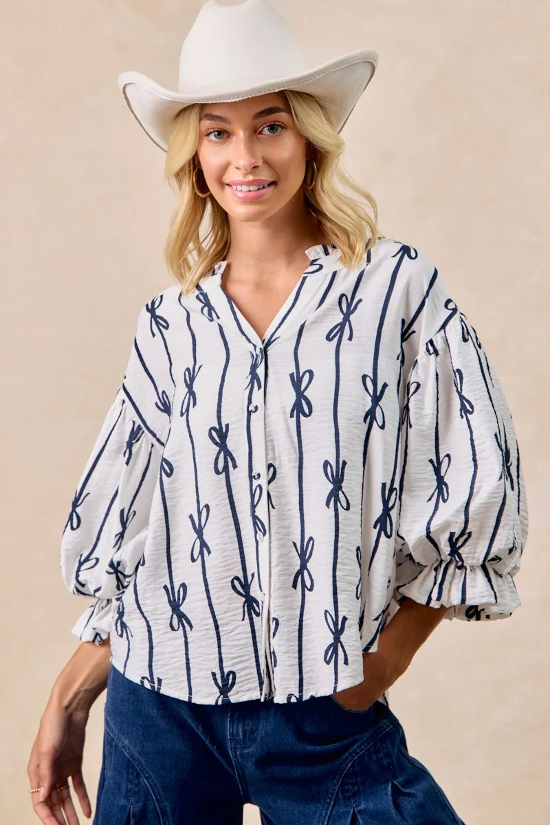 Bow Ribbon Printed Woven Bubble Sleeves Top, image 3