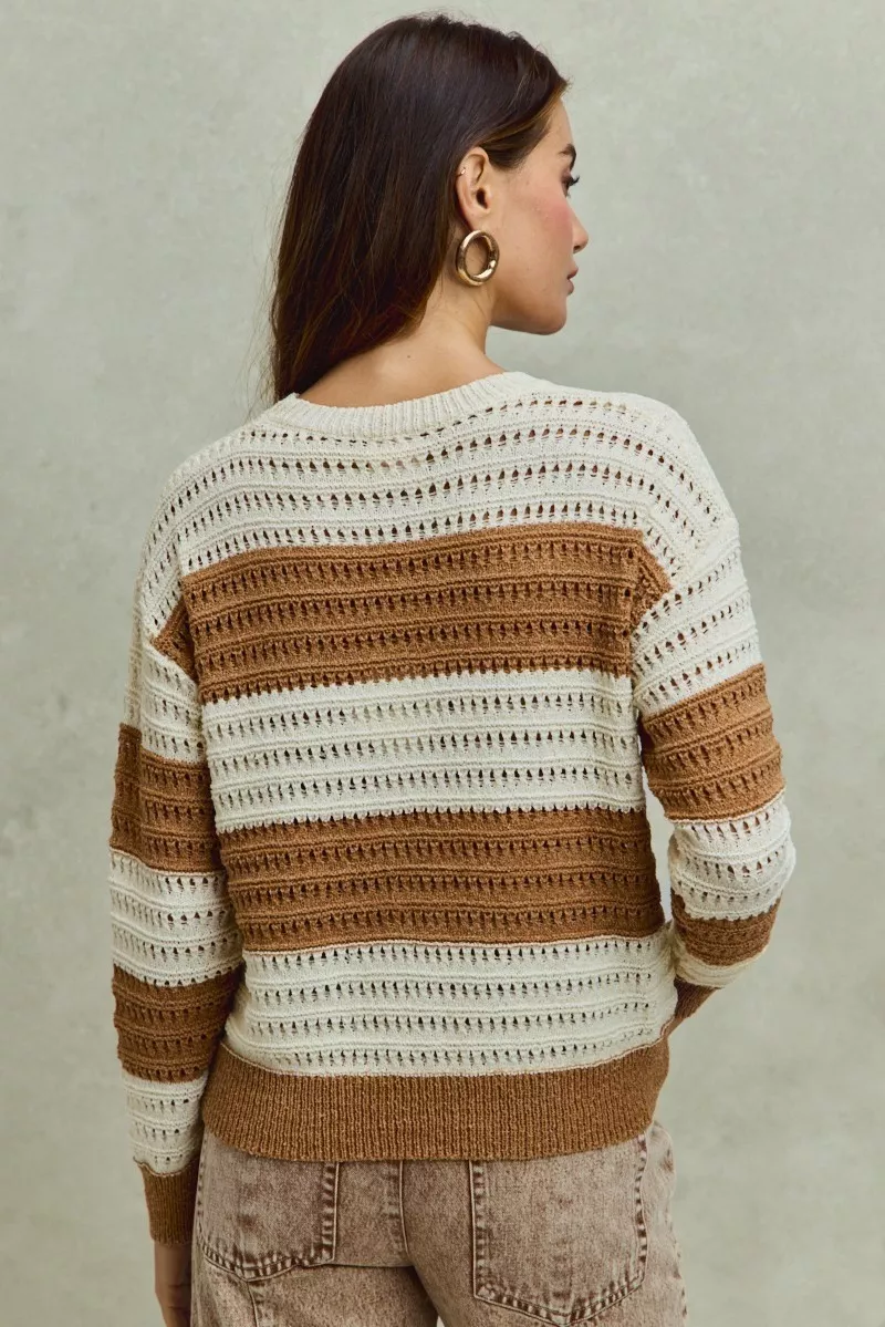 Openwork Round Neck Wide Stripe Textured Sweater, image 8