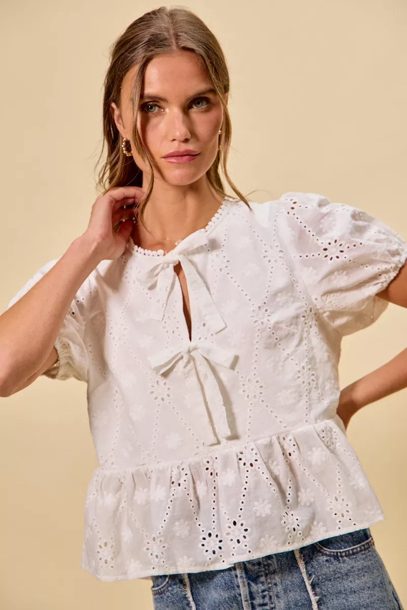 Cotton Eyelet Front Tie Short Sleeves Blouse, image 16