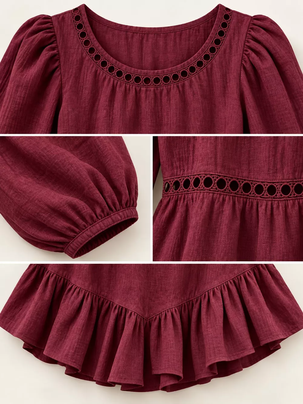 Long Sleeve Blouse with Eyelet Lace Trim and Ruffled Hem, image 17