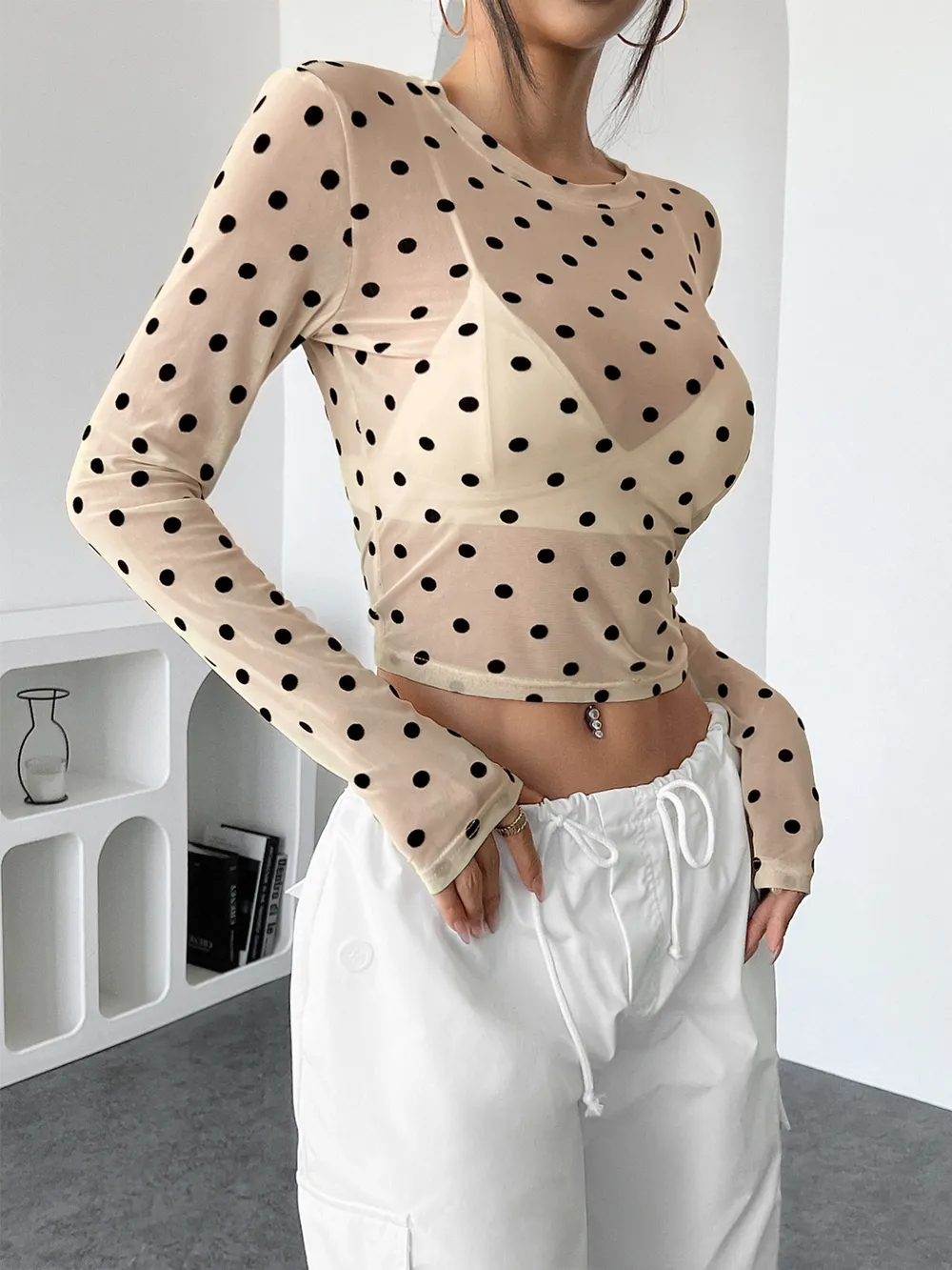 Polka Dot Mesh Long Sleeve Crop Top, image 4