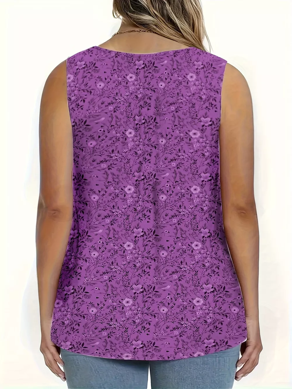 Full Size Floral Print Button Detail Tank Plus Size, image 8