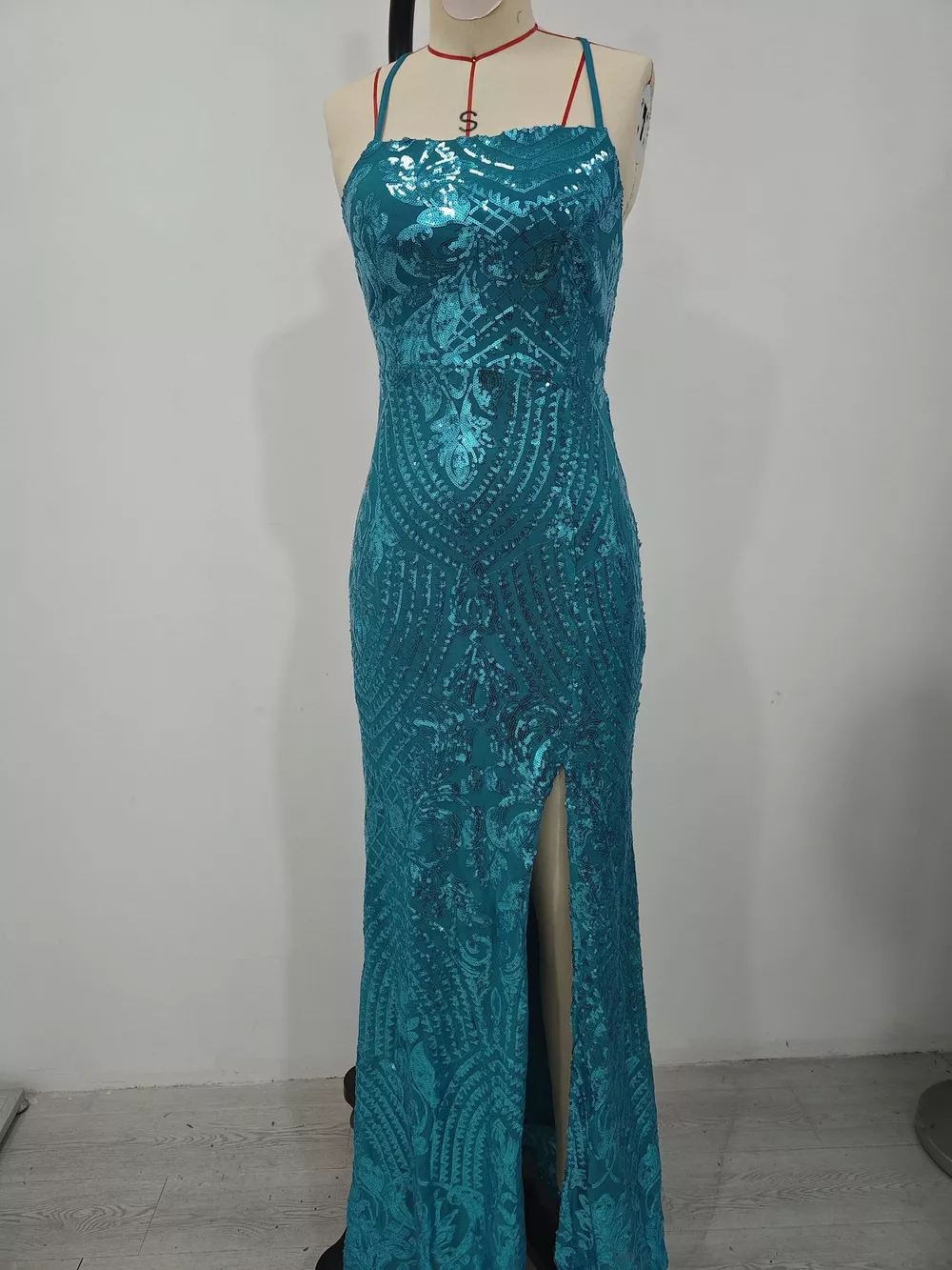 Sequin Embellished Bodycon Backless Evening Dress with Back Lace-Up, image 7