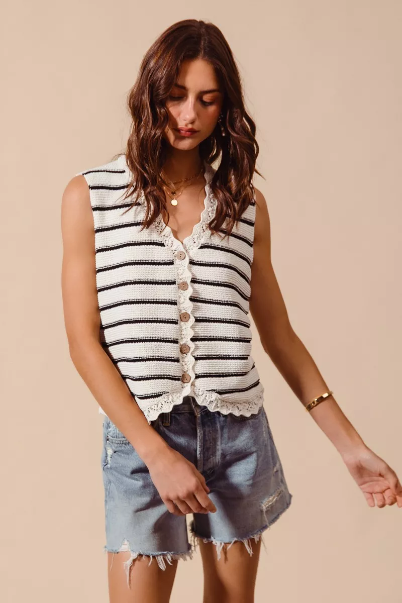 Buttoned Front Stripe Texture Knitted Sweater Vest