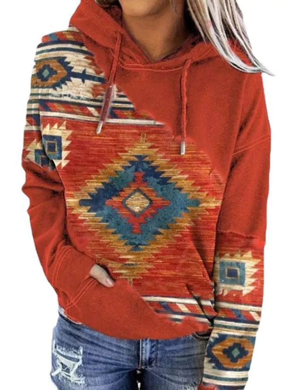 Full Size Aztec Print Hoodie with Kangaroo Pocket Plus Size