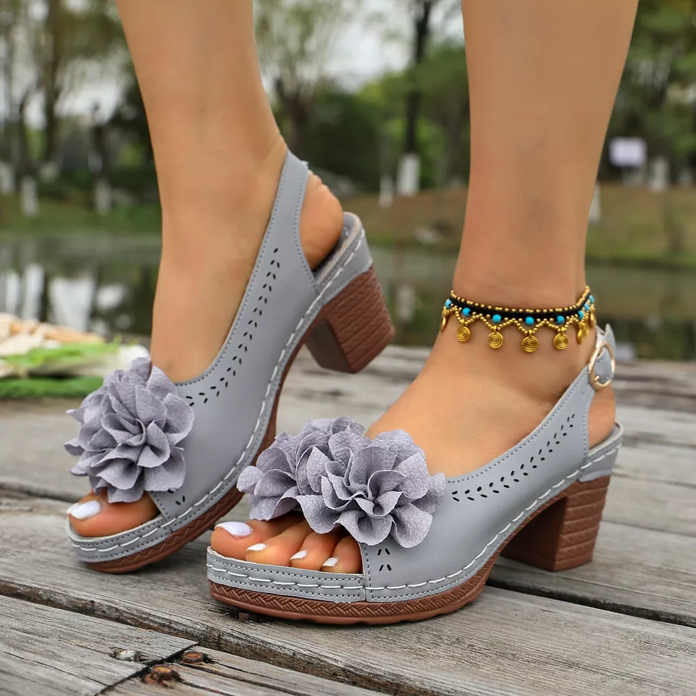 Floral Decor Chunky Heel Sandals, image 6