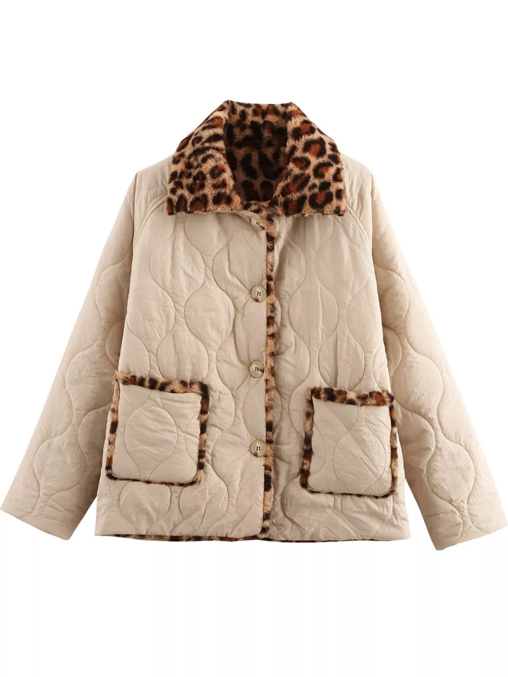 Leopard Faux Fur Trim Quilted Jacket, image 2