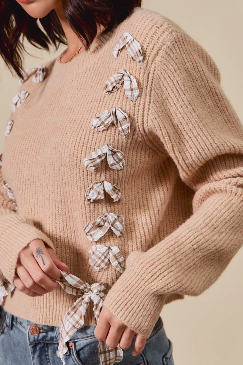 Checkered Plaid Tape Lace Up Ribbed Sweater, image 3