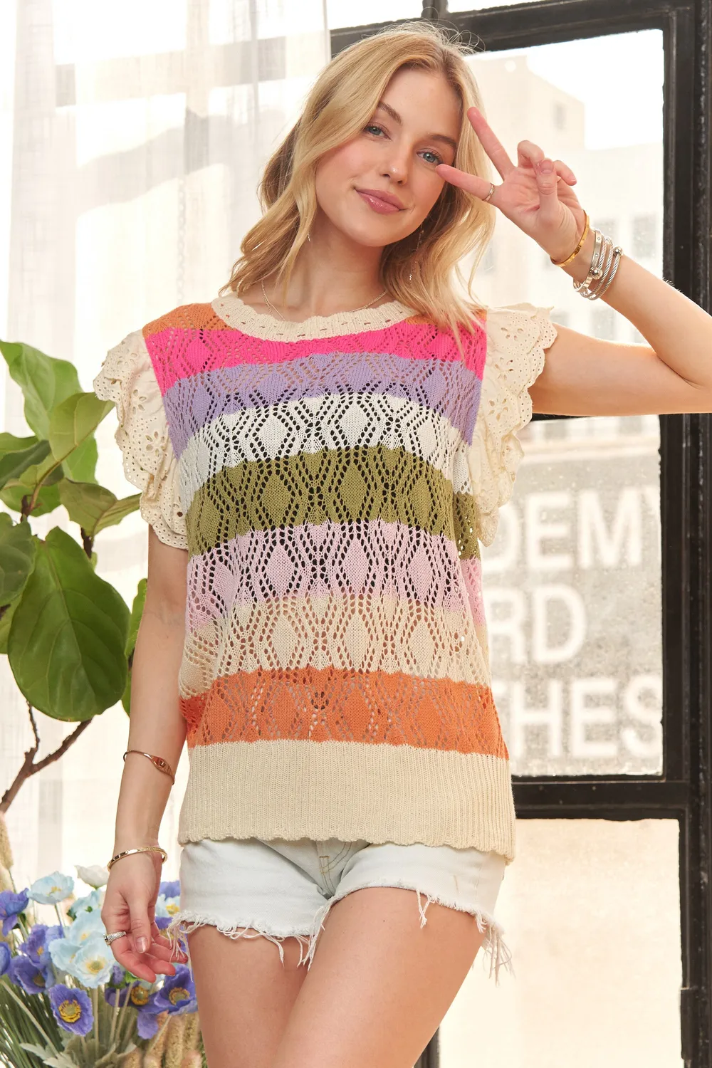 Eyelet Sleeve Multi Color Crochet Top, image 4