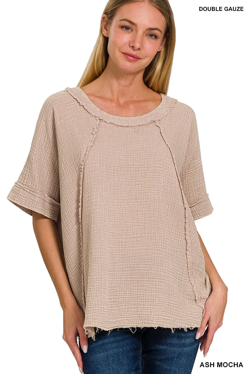 Washed Double Gauze Exposed Seam Short Sleeve Top, image 2