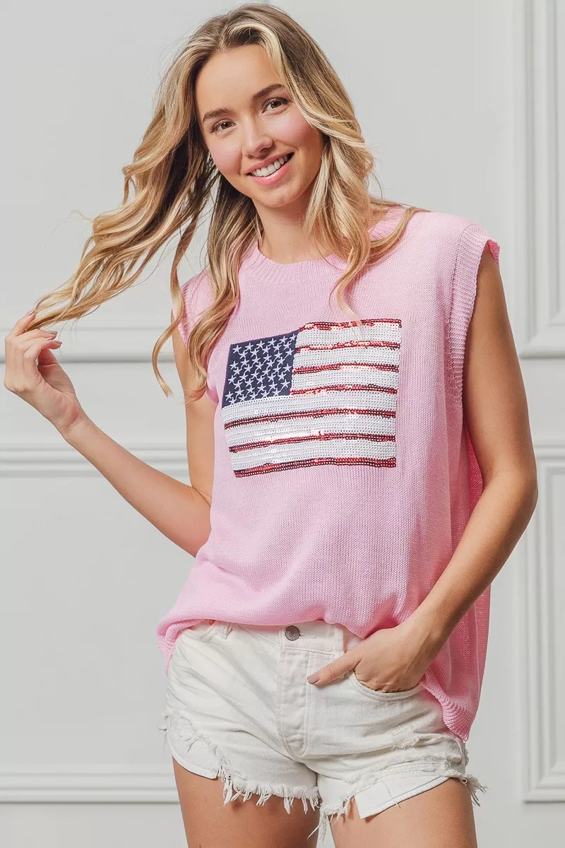 American Flag Sequins Patch Knit Top, image 9