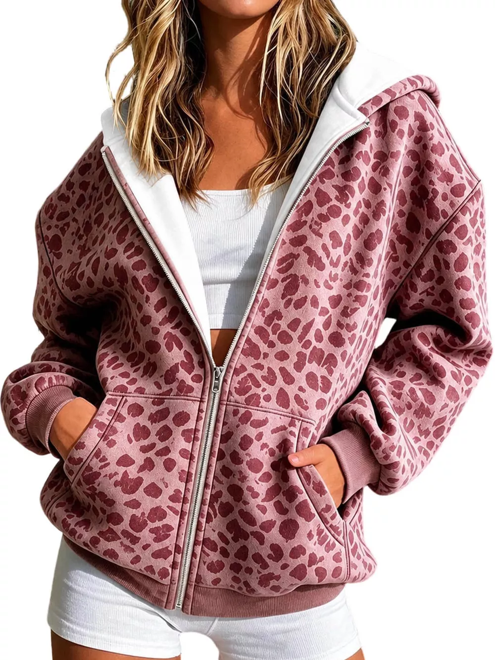 Full Size Leopard Zip Up Hoodie Plus Size, image 11