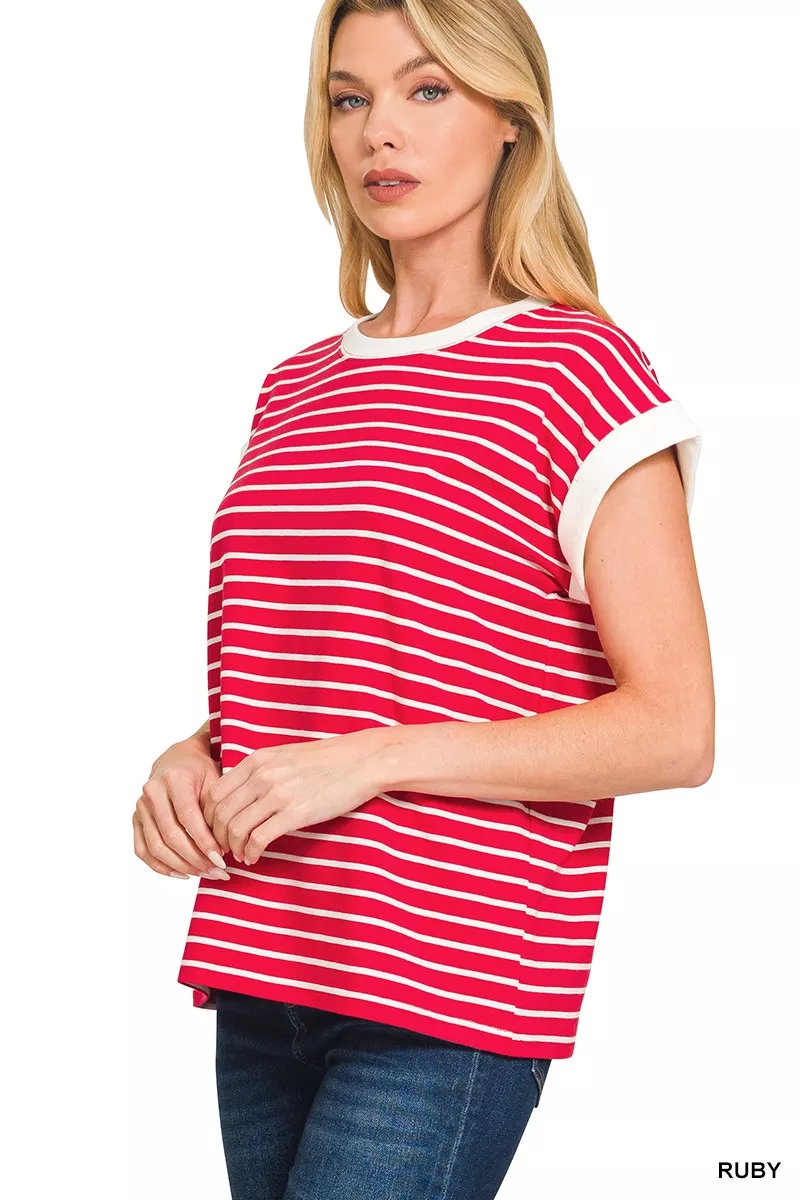 Full Size Contrast Trim Cap Sleeve Stripe Tee Plus Size, image 5