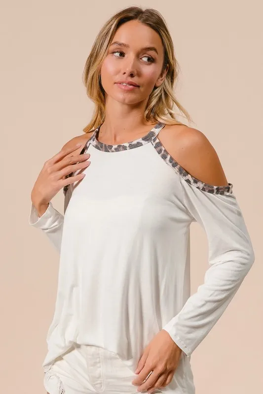 Jersey Knit Cold Shoulder Top with Leopard Neck, image 6