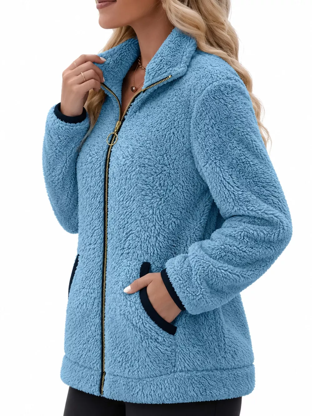 Full Size Fleece Zip-Up Jacket with Contrast Trim Plus Size, image 18