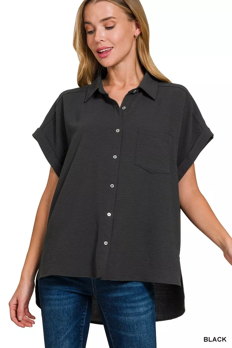 Full Size Woven Airflow Button Down Shirt Plus Size
