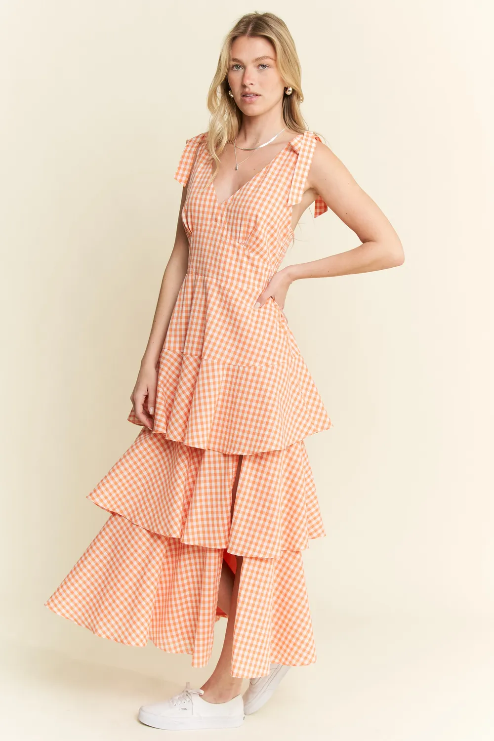 Sleeveless Gingham Print Tiered Midi Dress, image 15