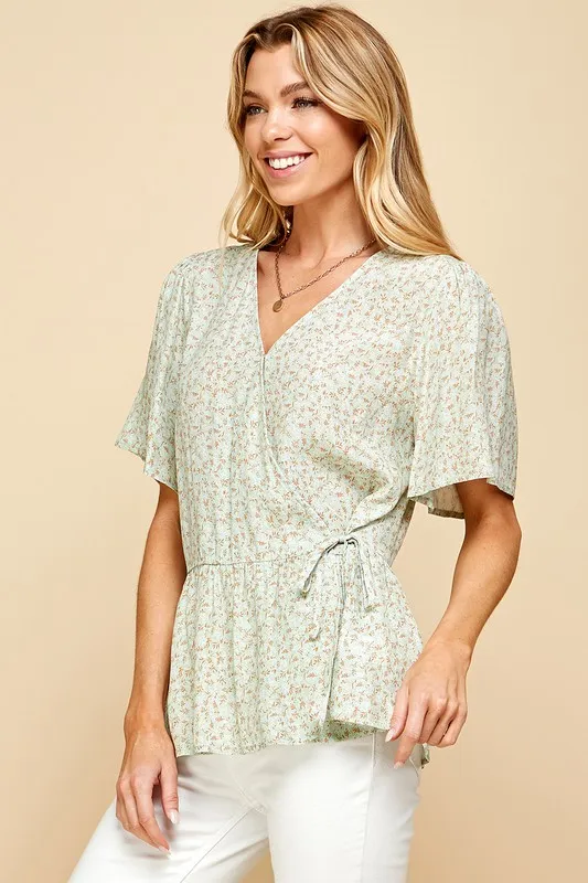 Ditsy Print V-Neck Short Sleeve Wrap Blouse, image 4