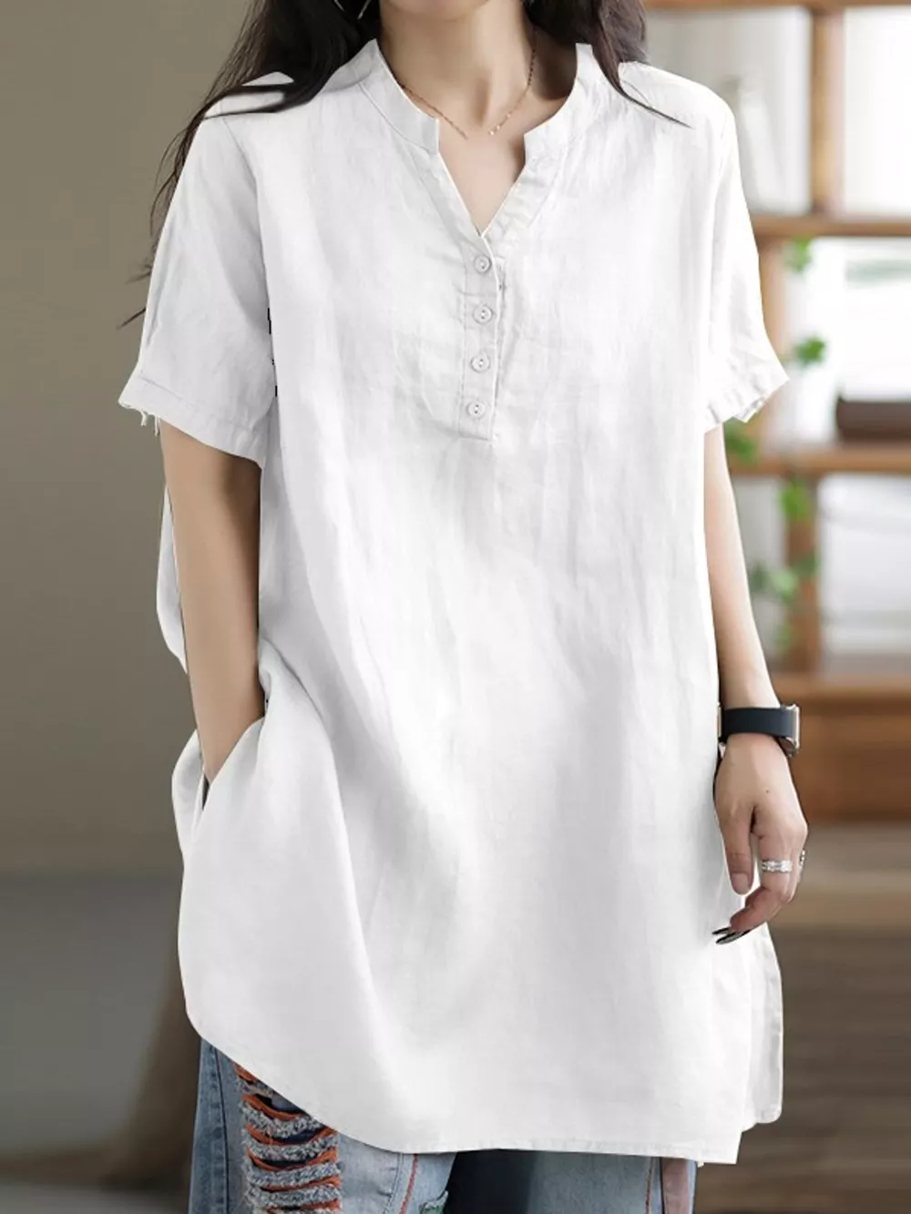 Full Size Notched Short Sleeve Oversize Blouse Plus Size, image 16